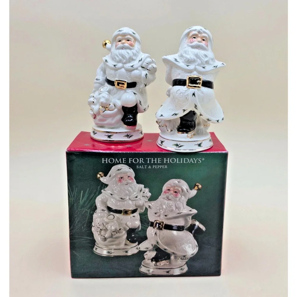 Holly Holiday Santa Ceramic Salt & Pepper Shakers Gold Trim Home Vintage 1999